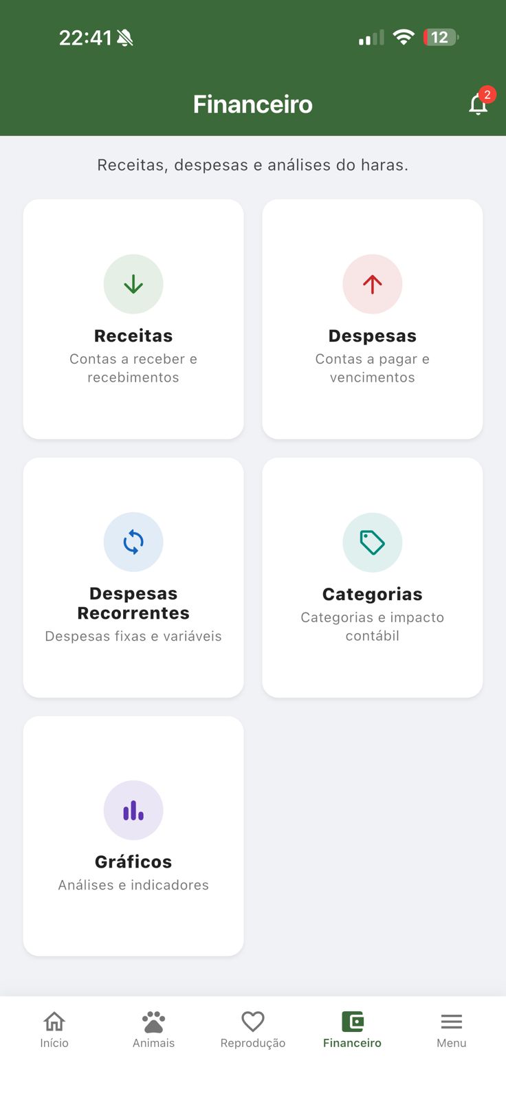 Tela financeira do Controlar Haras com receitas, despesas, recorrências, categorias e gráficos.