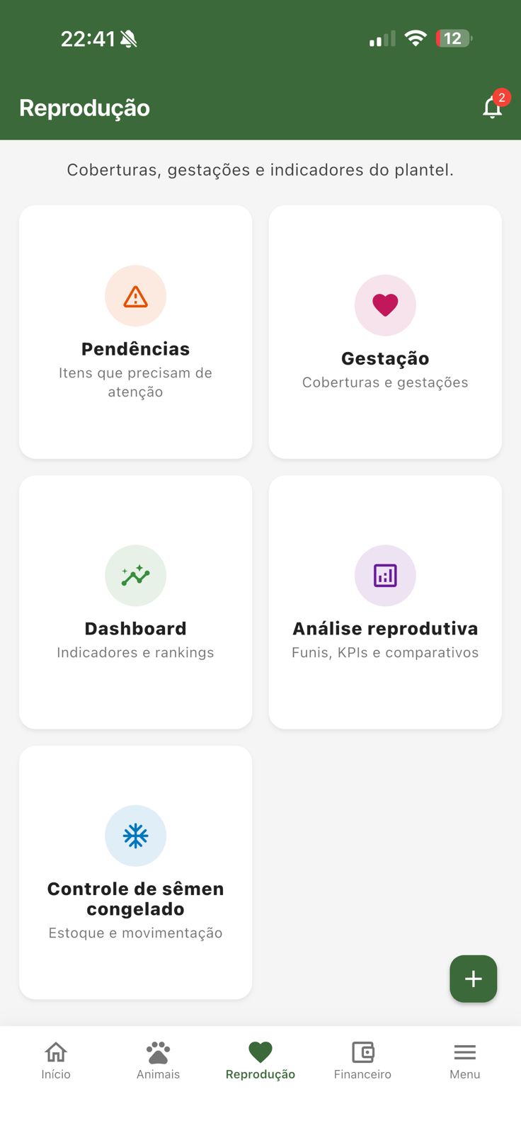 Tela de reprodução do Controlar Haras com pendências, gestação, dashboard, análise reprodutiva e controle de sêmen congelado.