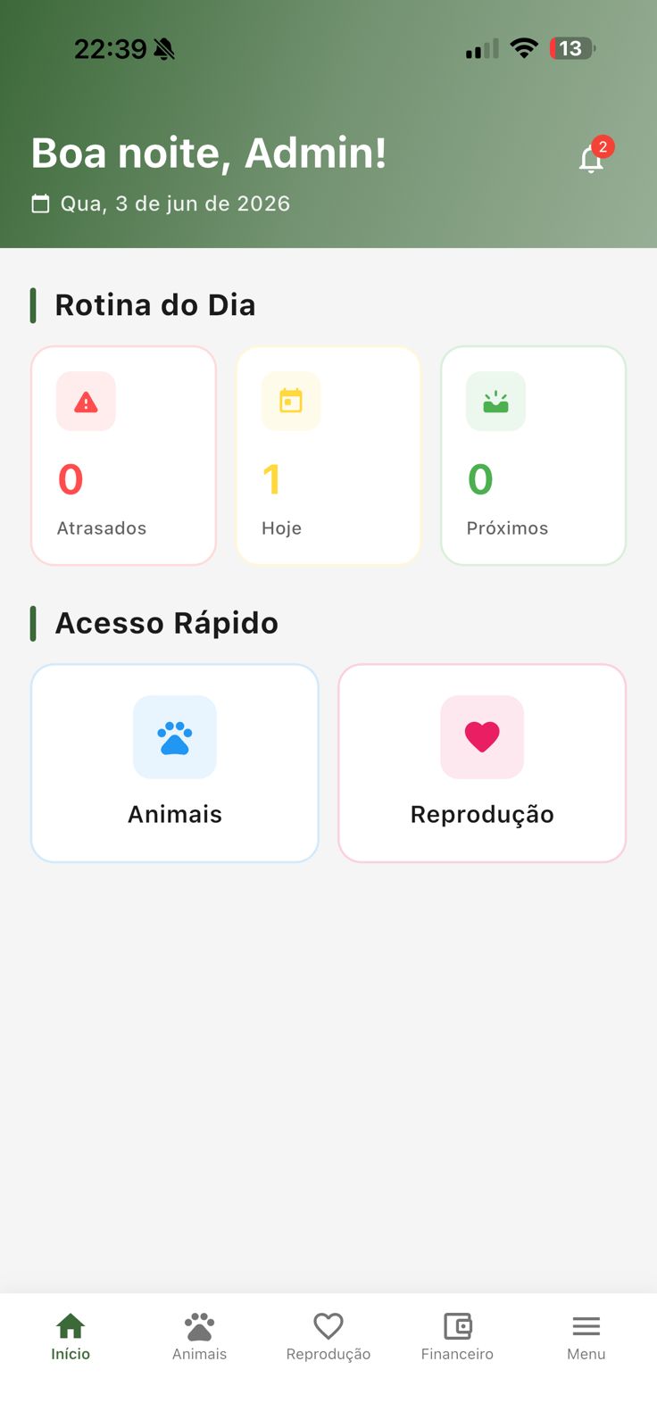 Tela inicial do aplicativo Controlar Haras com rotina do dia, acesso rápido, animais, reprodução e financeiro.